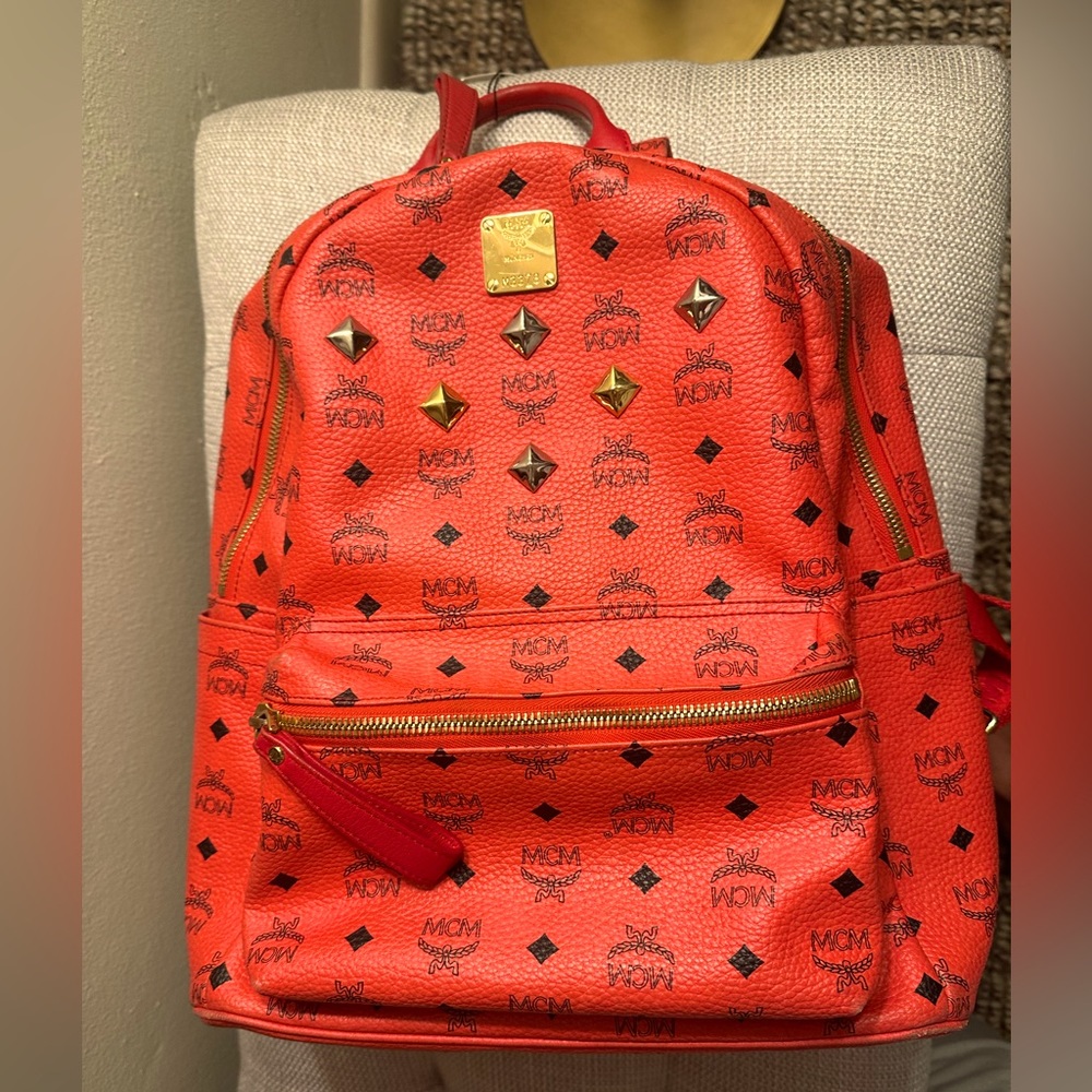 MCM Red Monogram Leather Backpack